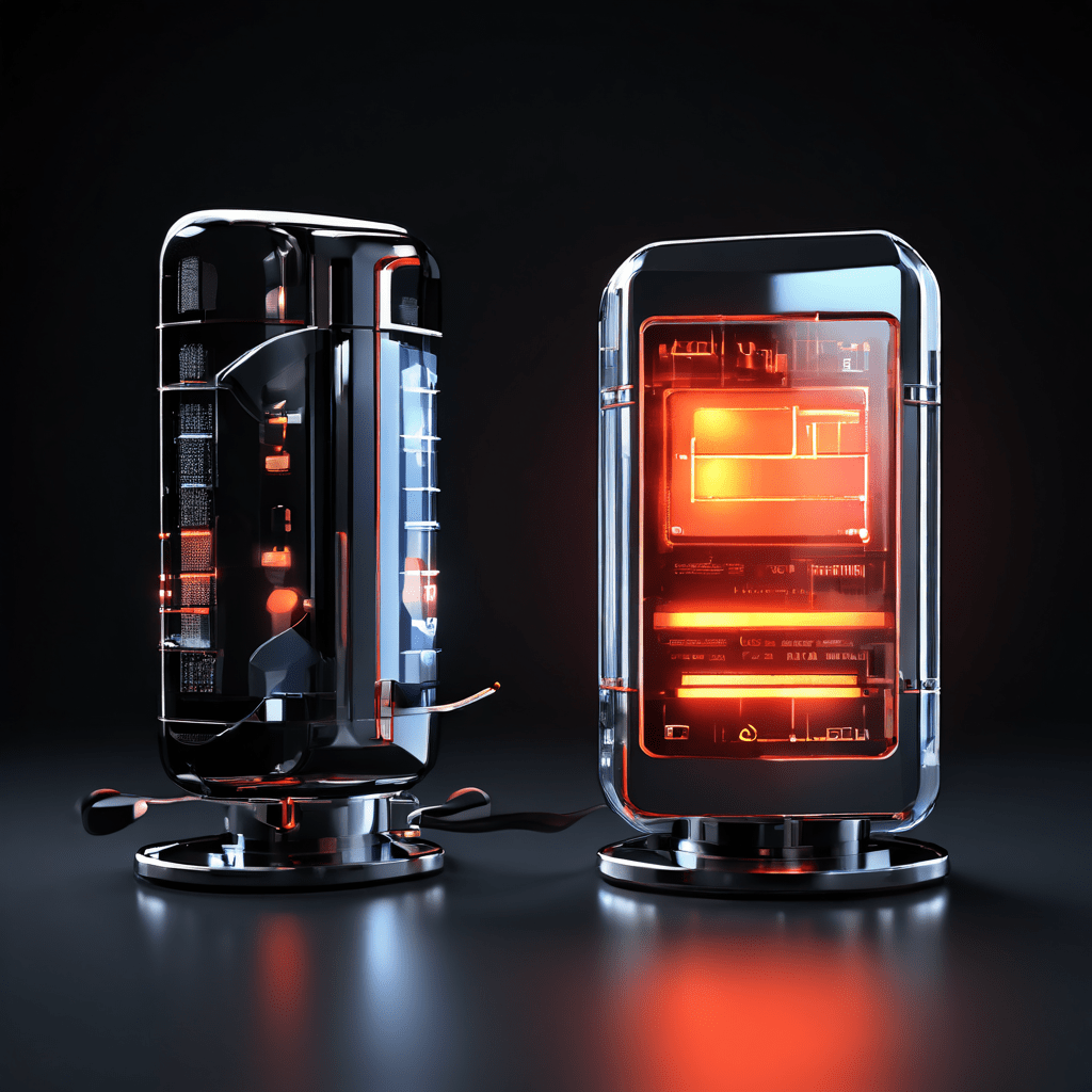 검푸른 빛이 나는 세련된 자동 녹음 장치와 낡은 장치를 나란히 배치하고, 신뢰를 상징하는 빛나는 체크 표시가 자동 장치 위에 떠 있는 모습이다.