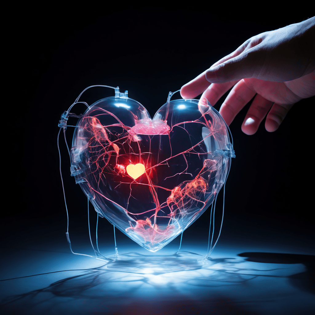 가상의 인형 실에 조종당하는 유리 심장이 표면에 투사된 가짜 디지털 미소로 인해 균열이 생겨 감정적 조작과 디지털 시대의 취약한 인간 관계를 상징적으로 표현한 이미지입니다.