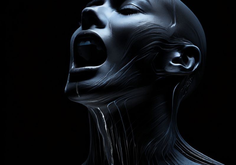 목소리가 시각화된 음파로 변환되어 조각나고 흩어지며 고독한 침묵 속으로 사라져가는 과정을 상세히 보여주는 이미지입니다.