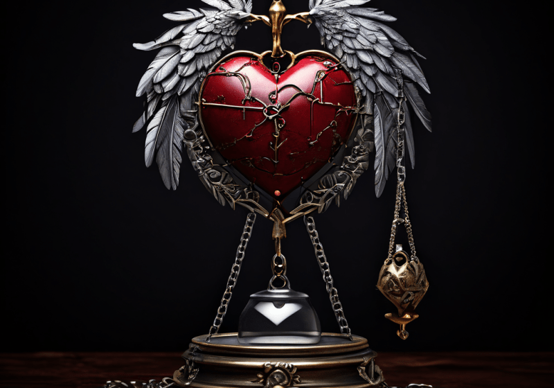 실패한 선택을 놓지 못하는 무거운 짐을 상징하며, 쇠사슬에 묶인 무거운 마음과 깃털 하나가 저울 위에서 균형을 맞추고 있는 모습을 표현한 이미지입니다.