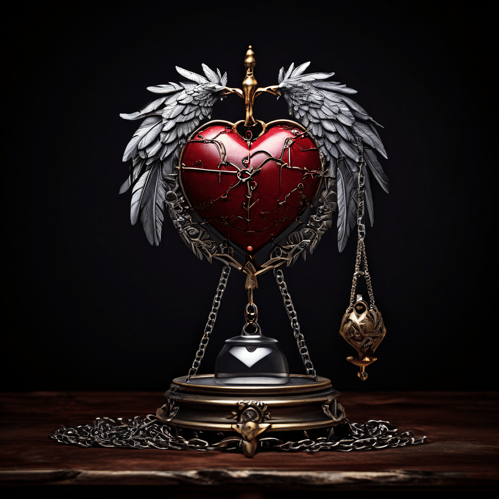 실패한 선택을 놓지 못하는 무거운 짐을 상징하며, 쇠사슬에 묶인 무거운 마음과 깃털 하나가 저울 위에서 균형을 맞추고 있는 모습을 표현한 이미지입니다.