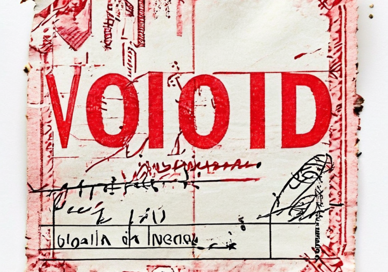 소멸하는 보험금 수표 위에 빨간색으로 찍힌 '무효'라는 단일 단어가 보험금 지급 거부나 계약 파기를 강력하게 시각화한 이미지입니다.