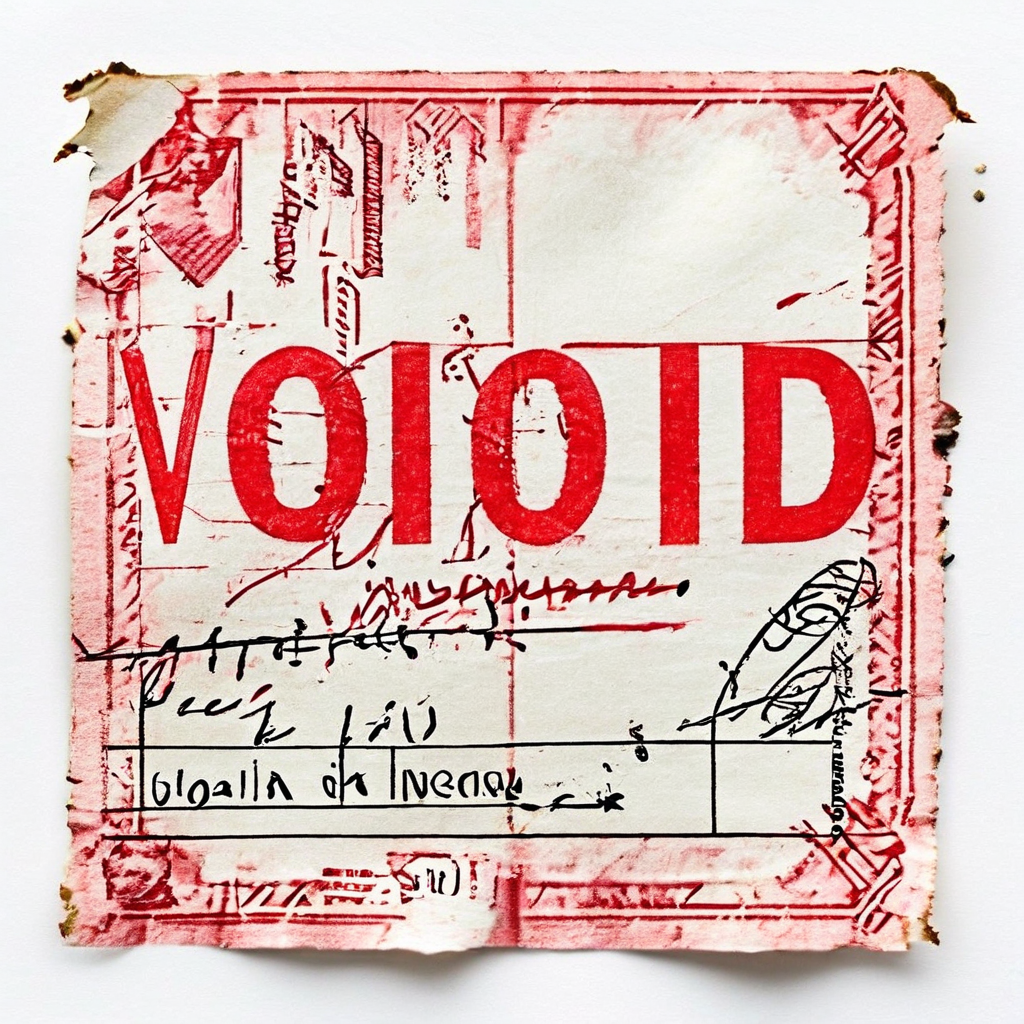 소멸하는 보험금 수표 위에 빨간색으로 찍힌 '무효'라는 단일 단어가 보험금 지급 거부나 계약 파기를 강력하게 시각화한 이미지입니다.