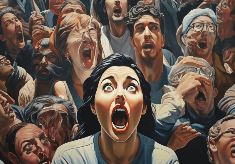 과장된 거대한 몸짓과 극대화된 감정 표현을 한 군중이 초현실주의 스타일로 집단 심리와 감정의 극적인 분출을 상징적으로 묘사하는 이미지입니다.