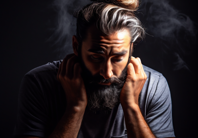 인생 후반기에도 계속 놓치고 있다고 느끼는 성공과 기회의 빠른 그림자에 둘러싸여, 한 남자가 불안한 마음으로 상투를 매는 모습을 상징적으로 표현한 이미지입니다.