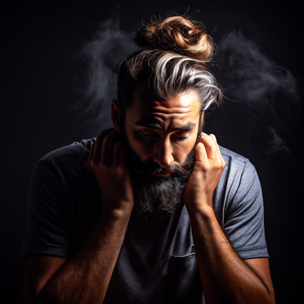 인생 후반기에도 계속 놓치고 있다고 느끼는 성공과 기회의 빠른 그림자에 둘러싸여, 한 남자가 불안한 마음으로 상투를 매는 모습을 상징적으로 표현한 이미지입니다.